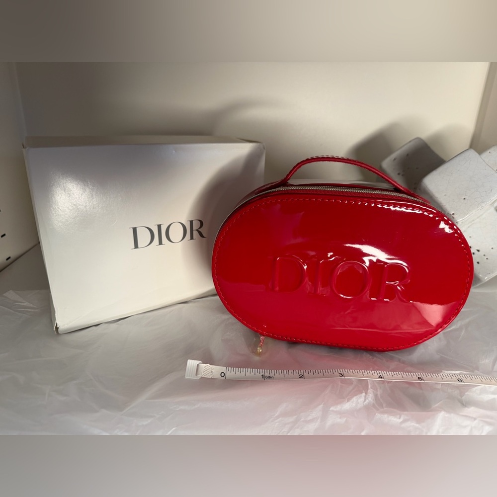 Dior Red Patent Oval Cosmetic Case with Embossed Logo